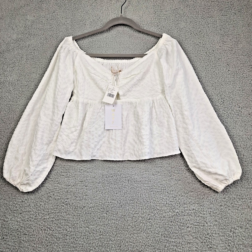 WAYF Blouse Womens Medium Ivory Textured Square Neck Peasant Babydoll Coquette